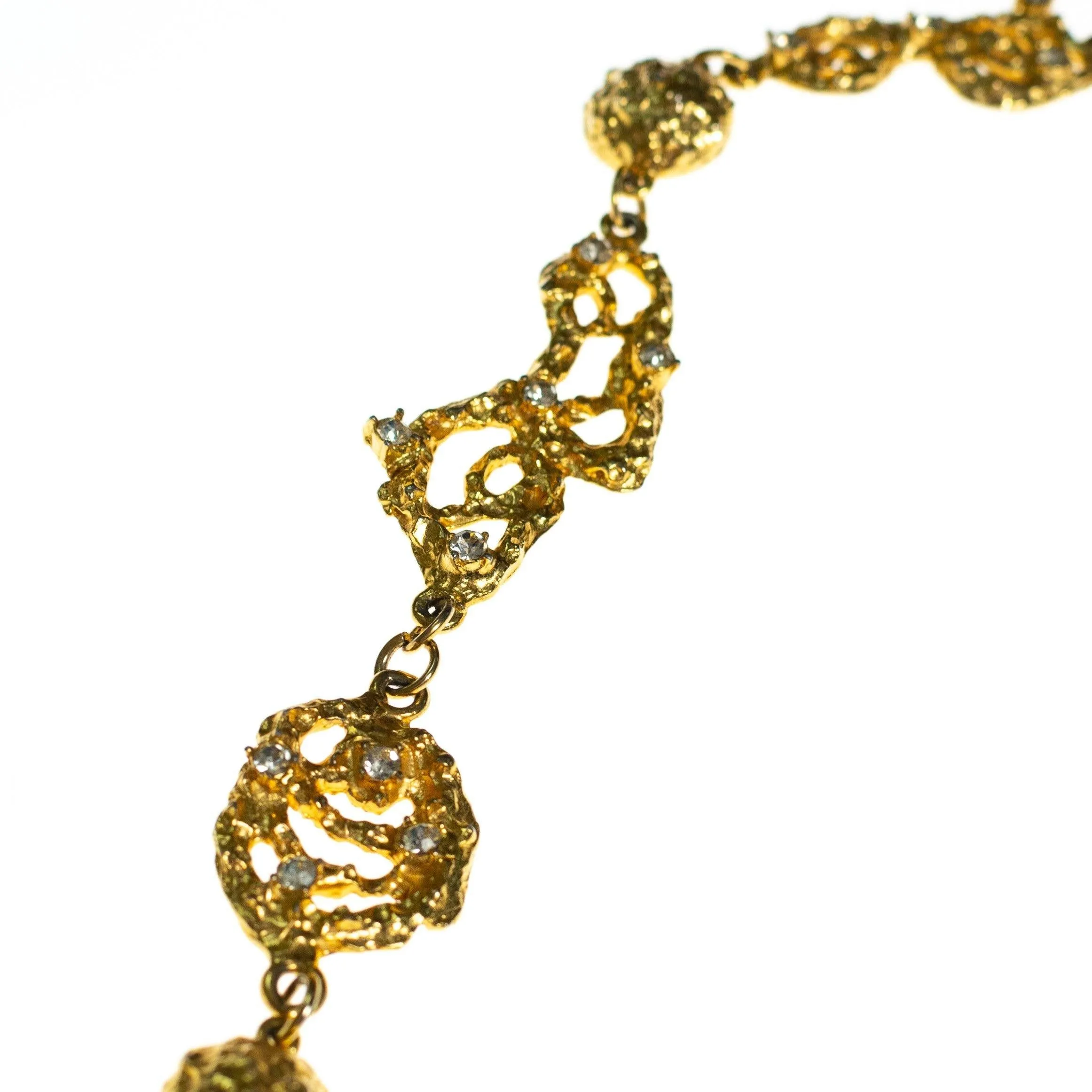 Vintage Polcini Gold Brutalist Modern Long Statement Necklace with Rhinestones