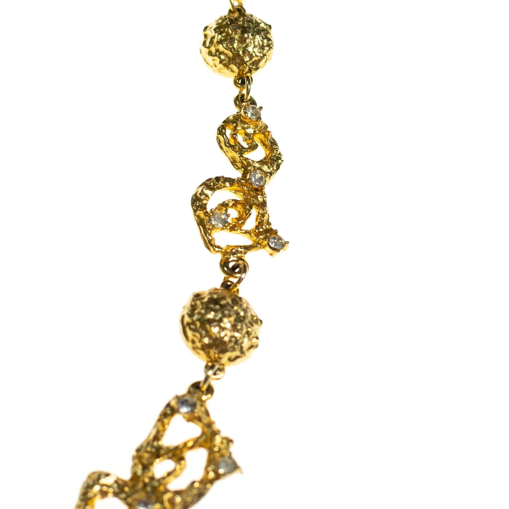 Vintage Polcini Gold Brutalist Modern Long Statement Necklace with Rhinestones
