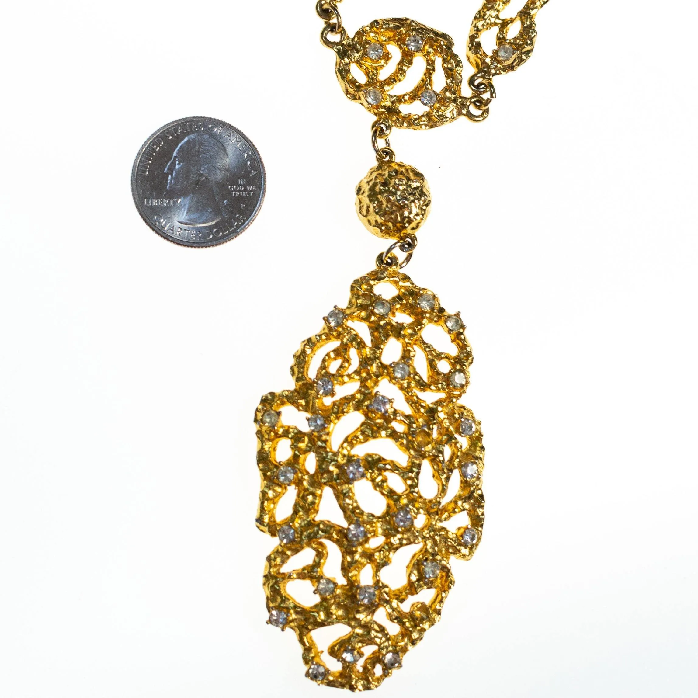 Vintage Polcini Gold Brutalist Modern Long Statement Necklace with Rhinestones