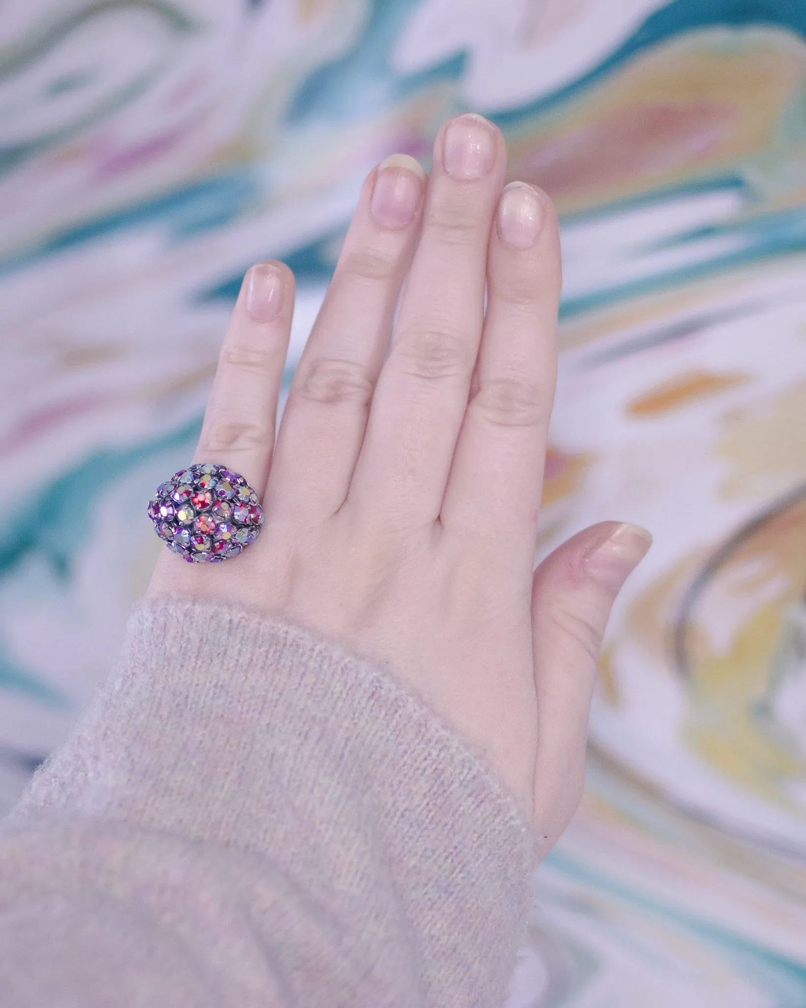 Vintage Red Aurora Borealis Rhinestone Cluster Cocktail Ring