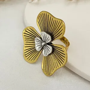 Vintage Round Compass Textured Moon Flower Ring Set