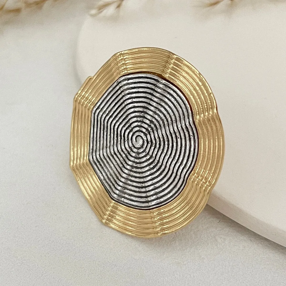 Vintage Round Compass Textured Moon Flower Ring Set