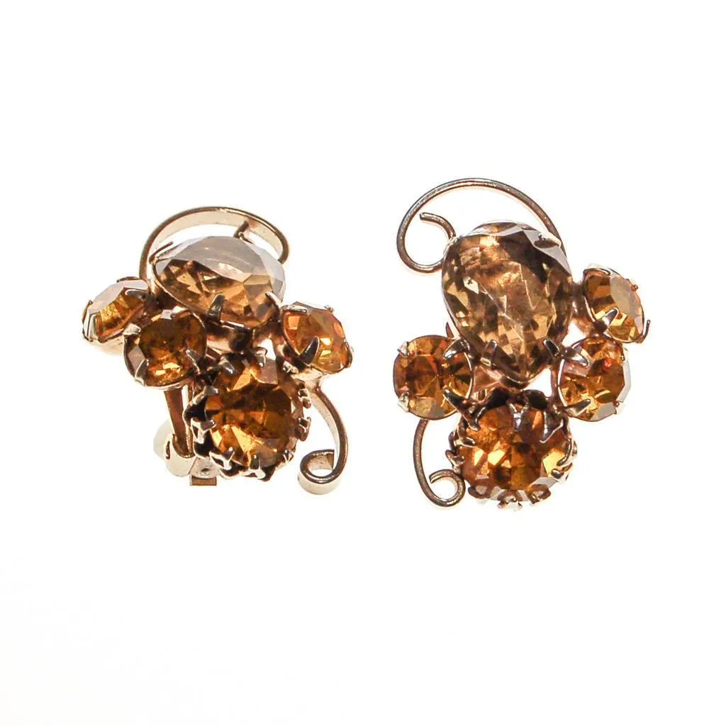 Vintage Smokey Topaz and Yellow Citrine Rhinestone Statement Earrings, Gold Tone