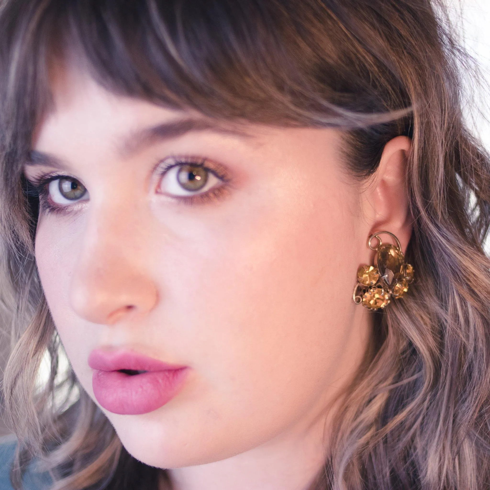 Vintage Smokey Topaz and Yellow Citrine Rhinestone Statement Earrings, Gold Tone