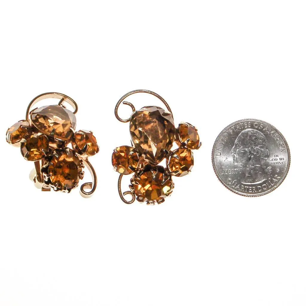 Vintage Smokey Topaz and Yellow Citrine Rhinestone Statement Earrings, Gold Tone