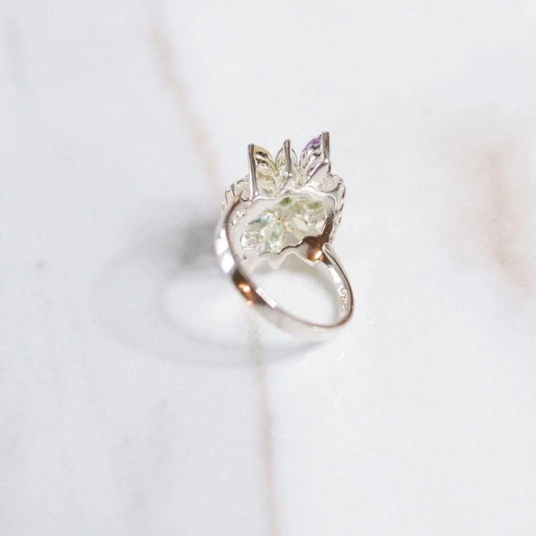 Vintage Sterling Silver Cluster Cocktail Ring with Amethyst, Peridot, Citrine, and Blue Topaz