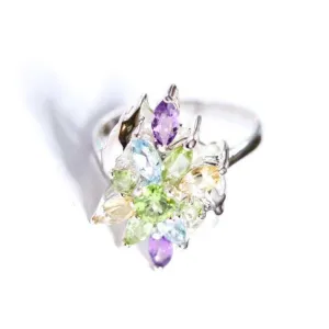 Vintage Sterling Silver Cluster Cocktail Ring with Amethyst, Peridot, Citrine, and Blue Topaz