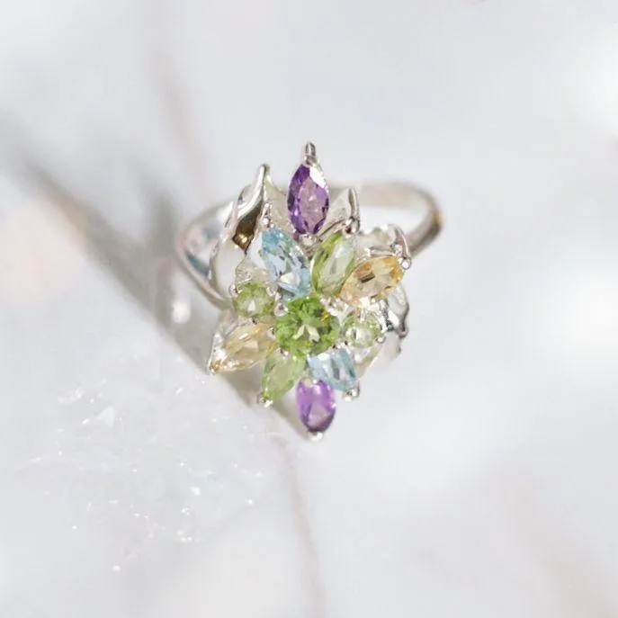 Vintage Sterling Silver Cluster Cocktail Ring with Amethyst, Peridot, Citrine, and Blue Topaz