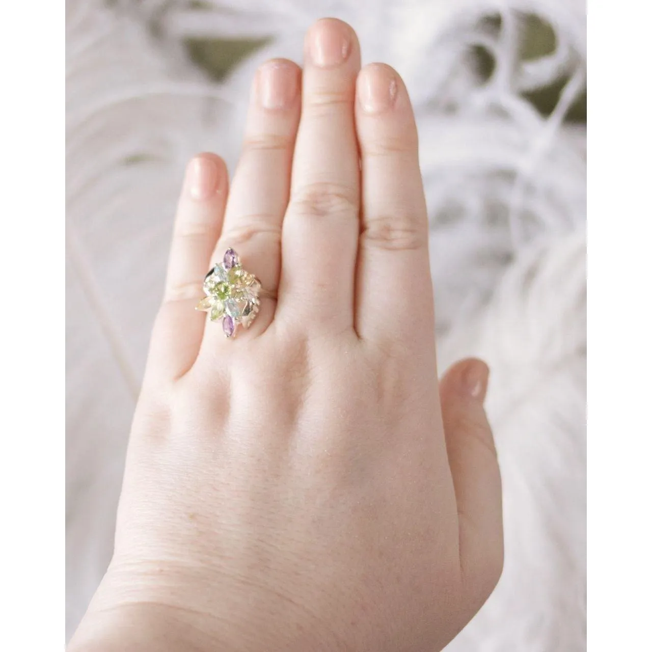 Vintage Sterling Silver Cluster Cocktail Ring with Amethyst, Peridot, Citrine, and Blue Topaz