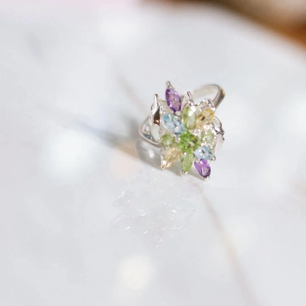 Vintage Sterling Silver Cluster Cocktail Ring with Amethyst, Peridot, Citrine, and Blue Topaz