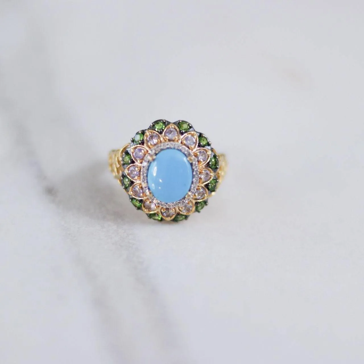 Vintage Turquoise, Tanzanite and Green Tourmaline Statement Ring