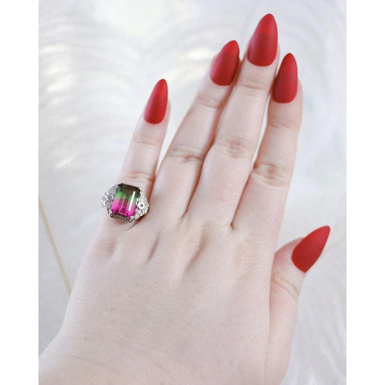Vintage Watermelon Tourmaline and Pave Diamond Ring
