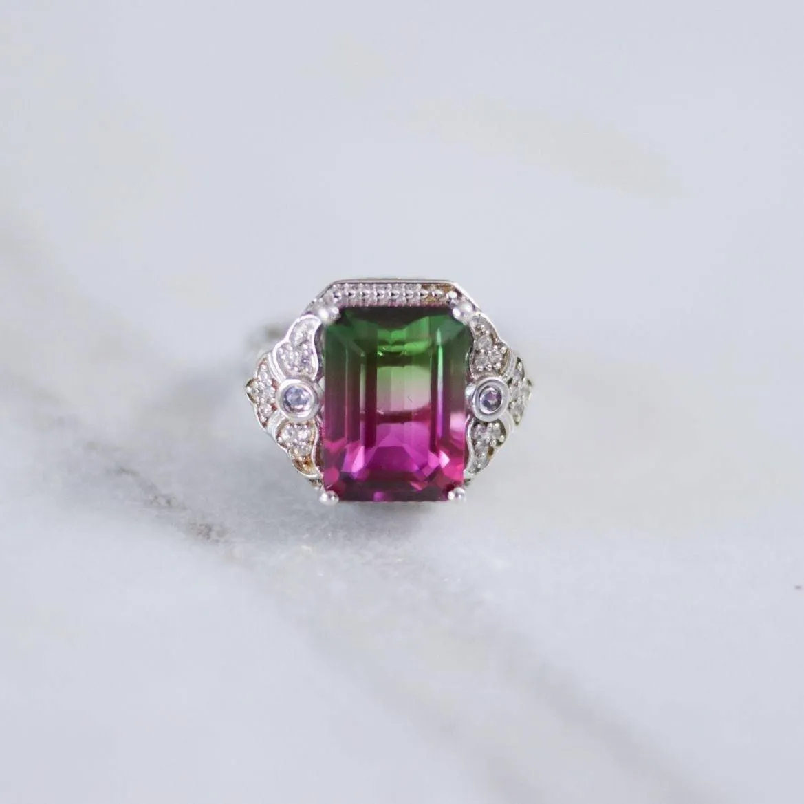 Vintage Watermelon Tourmaline and Pave Diamond Ring