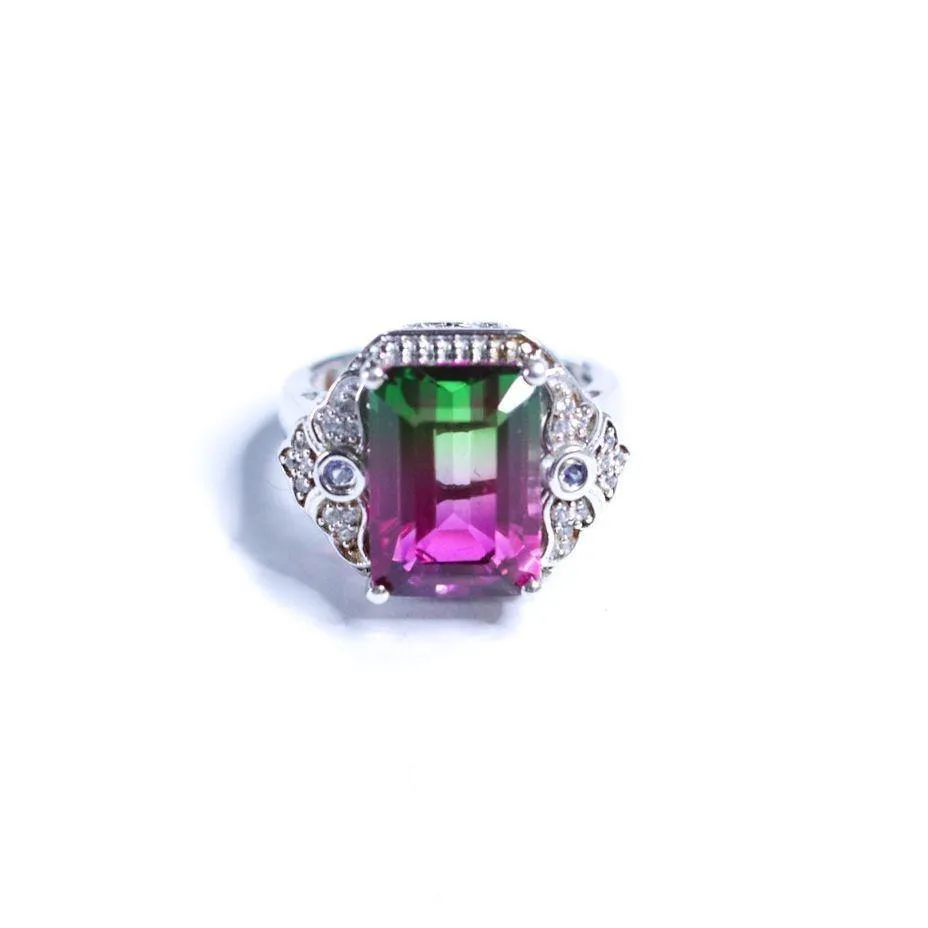 Vintage Watermelon Tourmaline and Pave Diamond Ring