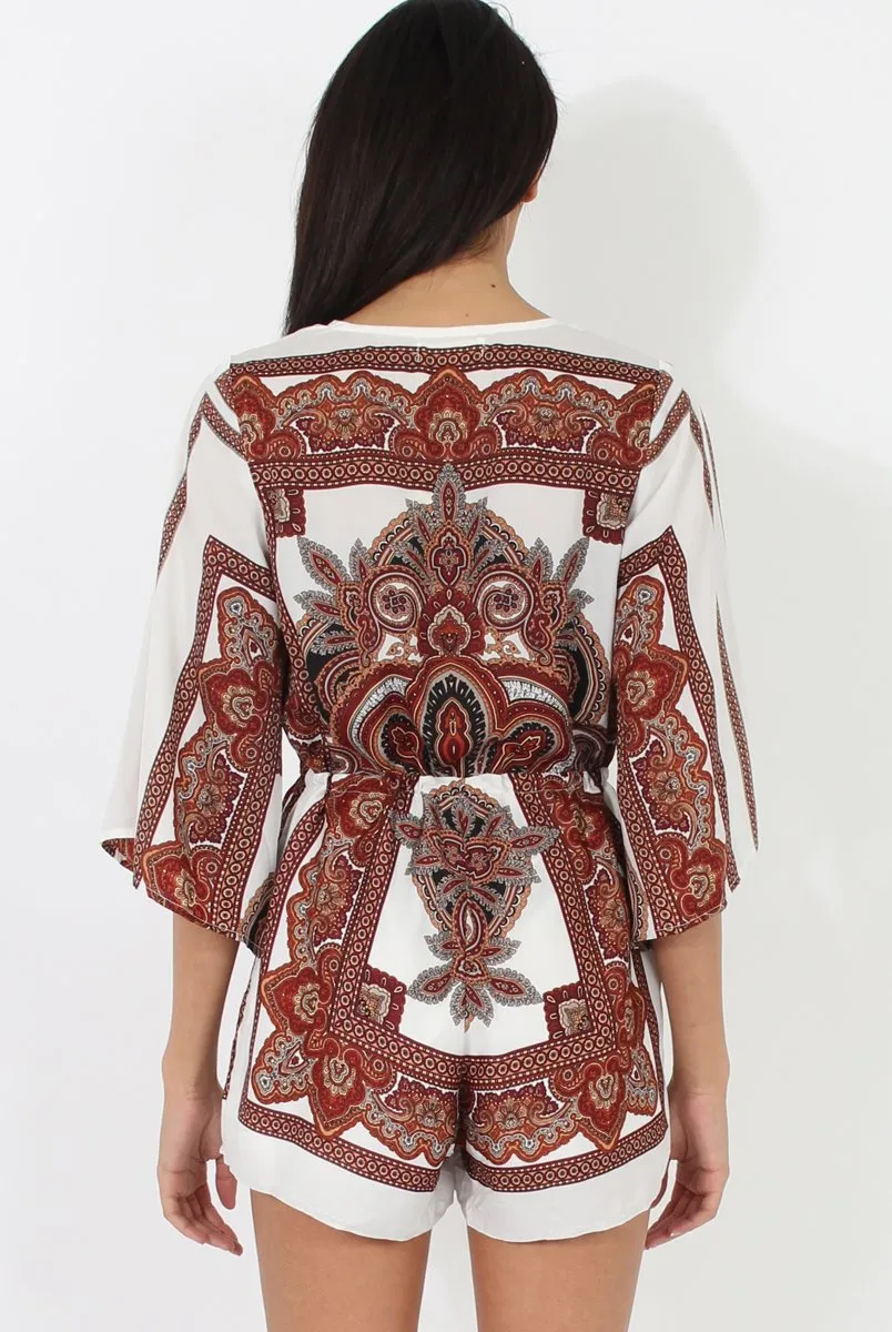 White & Brown Pattern Wrap Over Playsuit - Belinda
