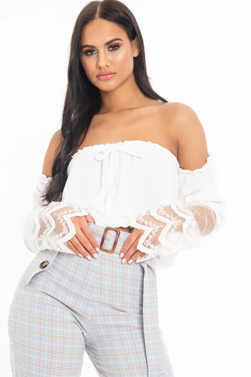 White Bardot Mesh Lace Sleeve Tie Front Top - Mandy