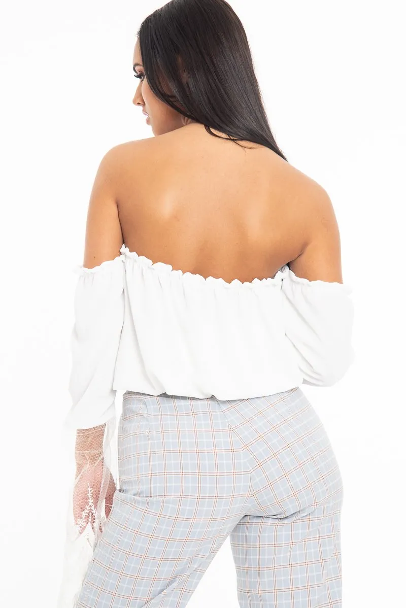 White Bardot Mesh Lace Sleeve Tie Front Top - Mandy