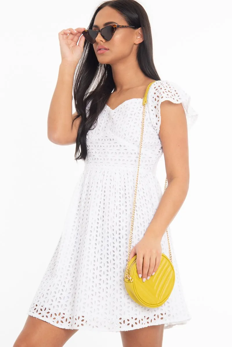 White Broderie Off Shoulder Skater Mini Dress - Lyssa