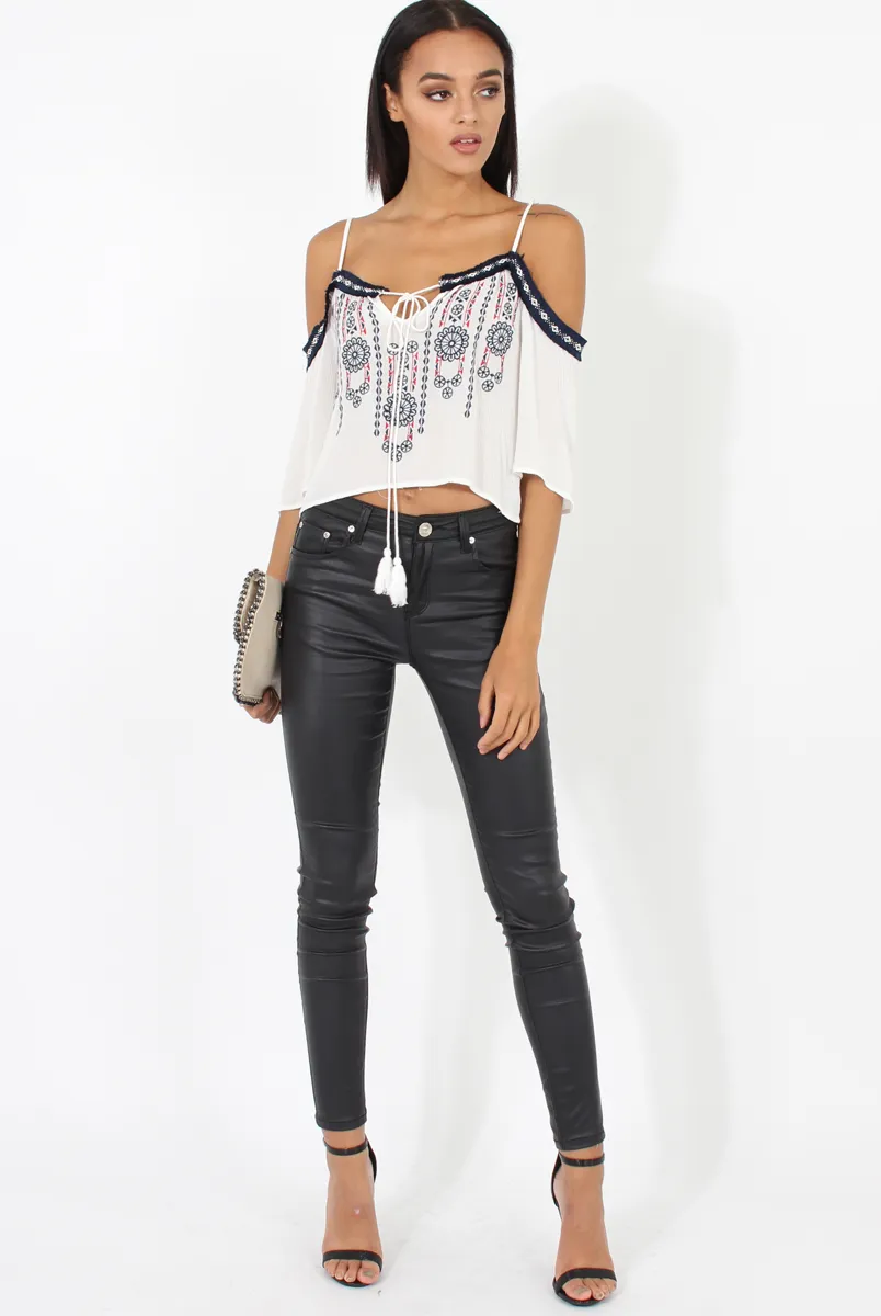 White Cold Shoulder Embroidered Crop Top - Carrie