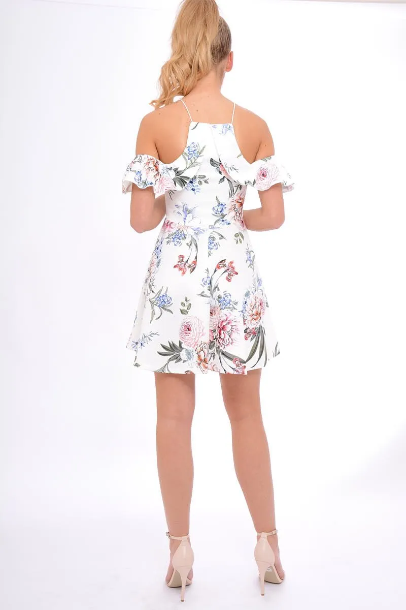 White Floral Cold Shoulder Skater Dress - Zoey