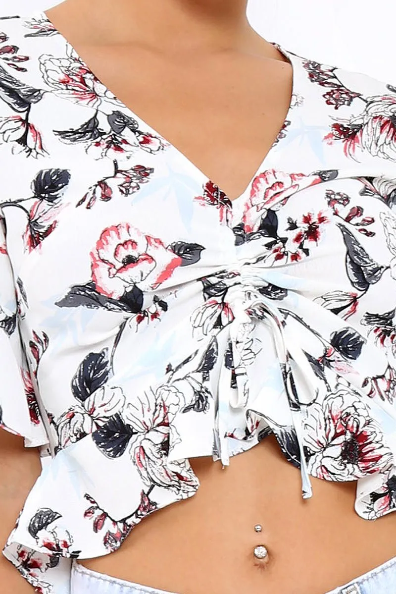 White Floral V Neck Top with Frills - Rubye