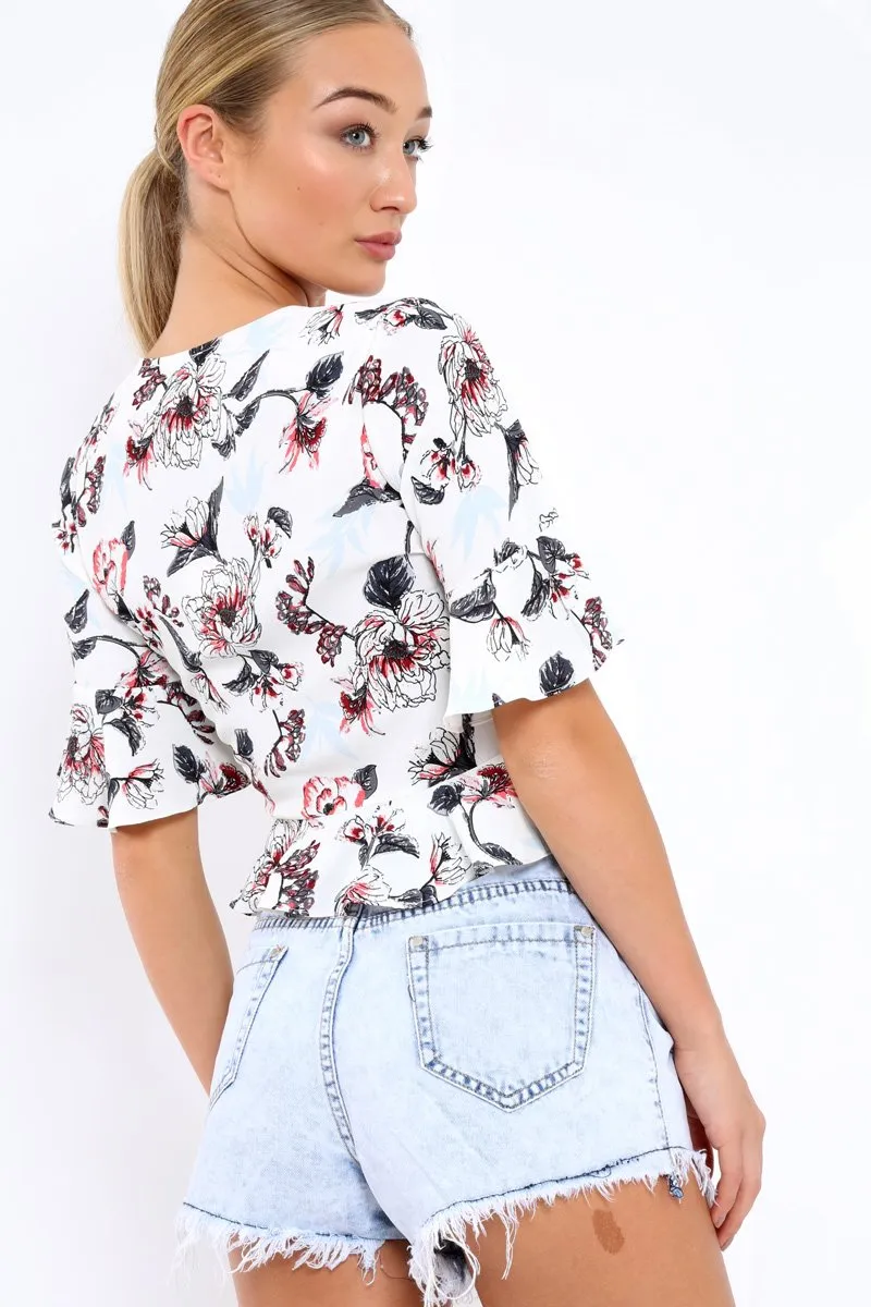 White Floral V Neck Top with Frills - Rubye
