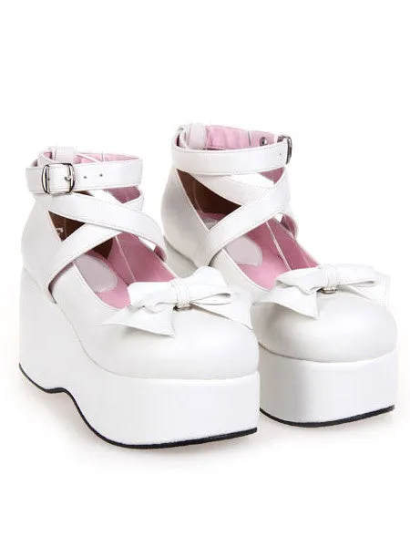White High Platform Lolita Shoes PU Ankle Straps Bow Decor Round Toe
