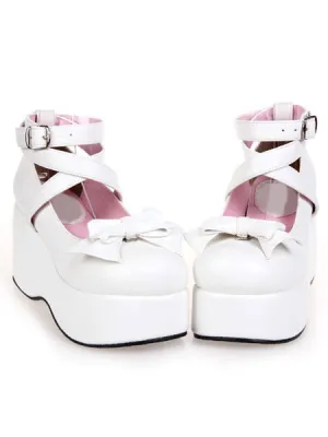 White High Platform Lolita Shoes PU Ankle Straps Bow Decor Round Toe