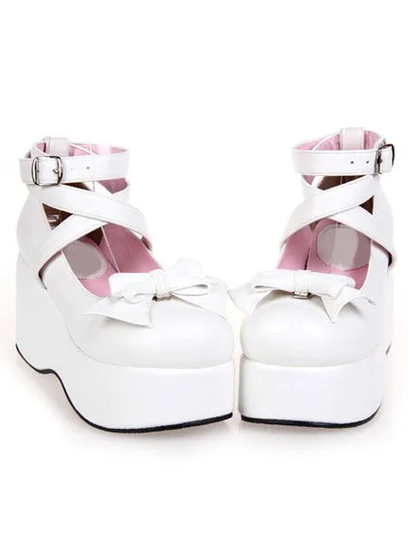 White High Platform Lolita Shoes PU Ankle Straps Bow Decor Round Toe