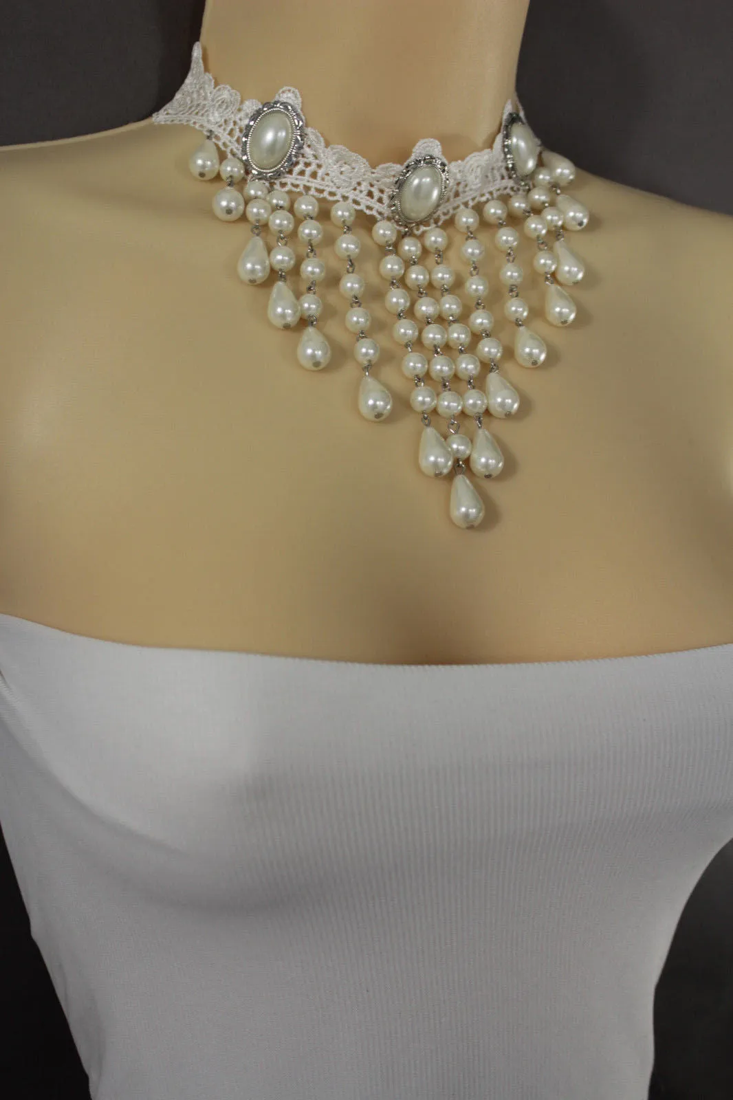 White Lace Fabric Goth Choker Necklace Cream Imitation Pearl Beads