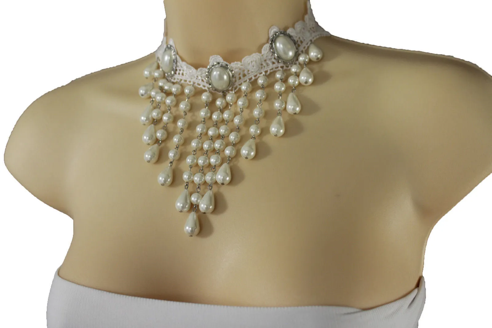 White Lace Fabric Goth Choker Necklace Cream Imitation Pearl Beads