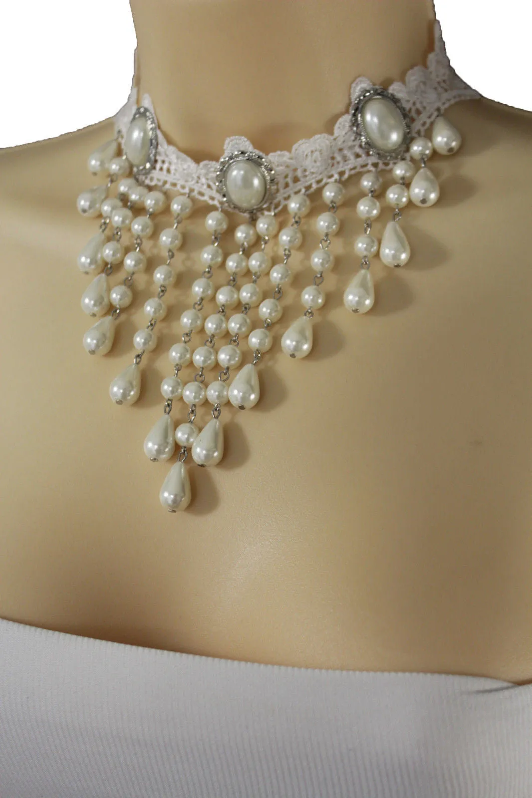 White Lace Fabric Goth Choker Necklace Cream Imitation Pearl Beads