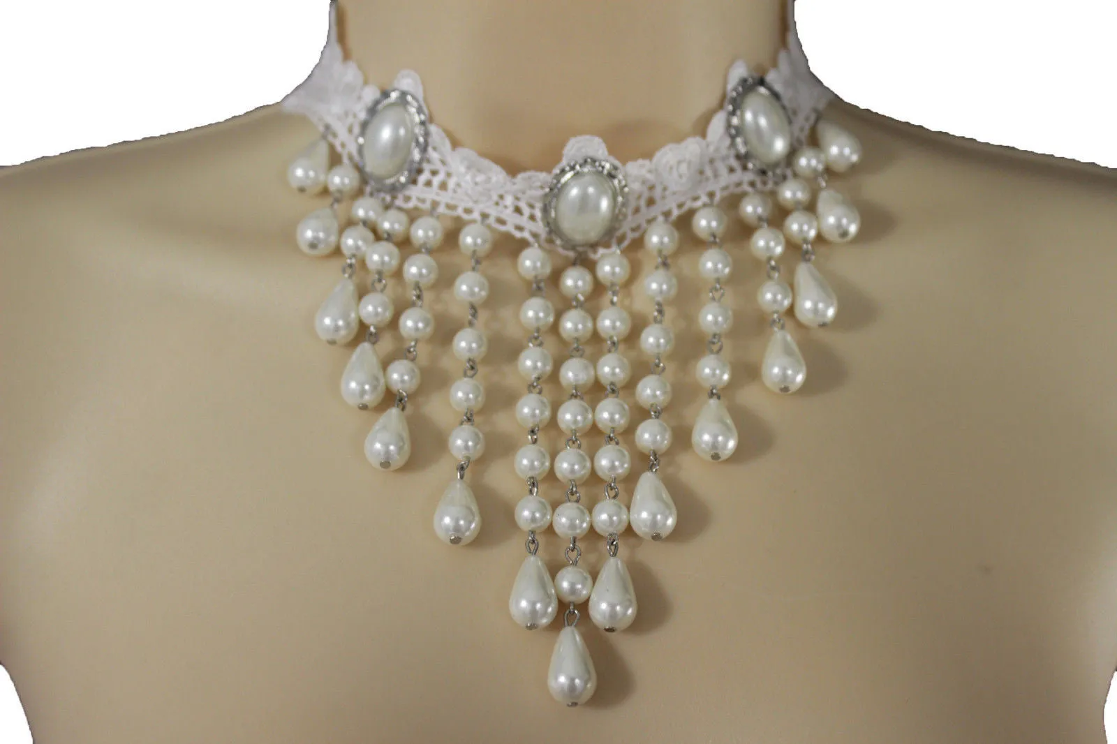 White Lace Fabric Goth Choker Necklace Cream Imitation Pearl Beads