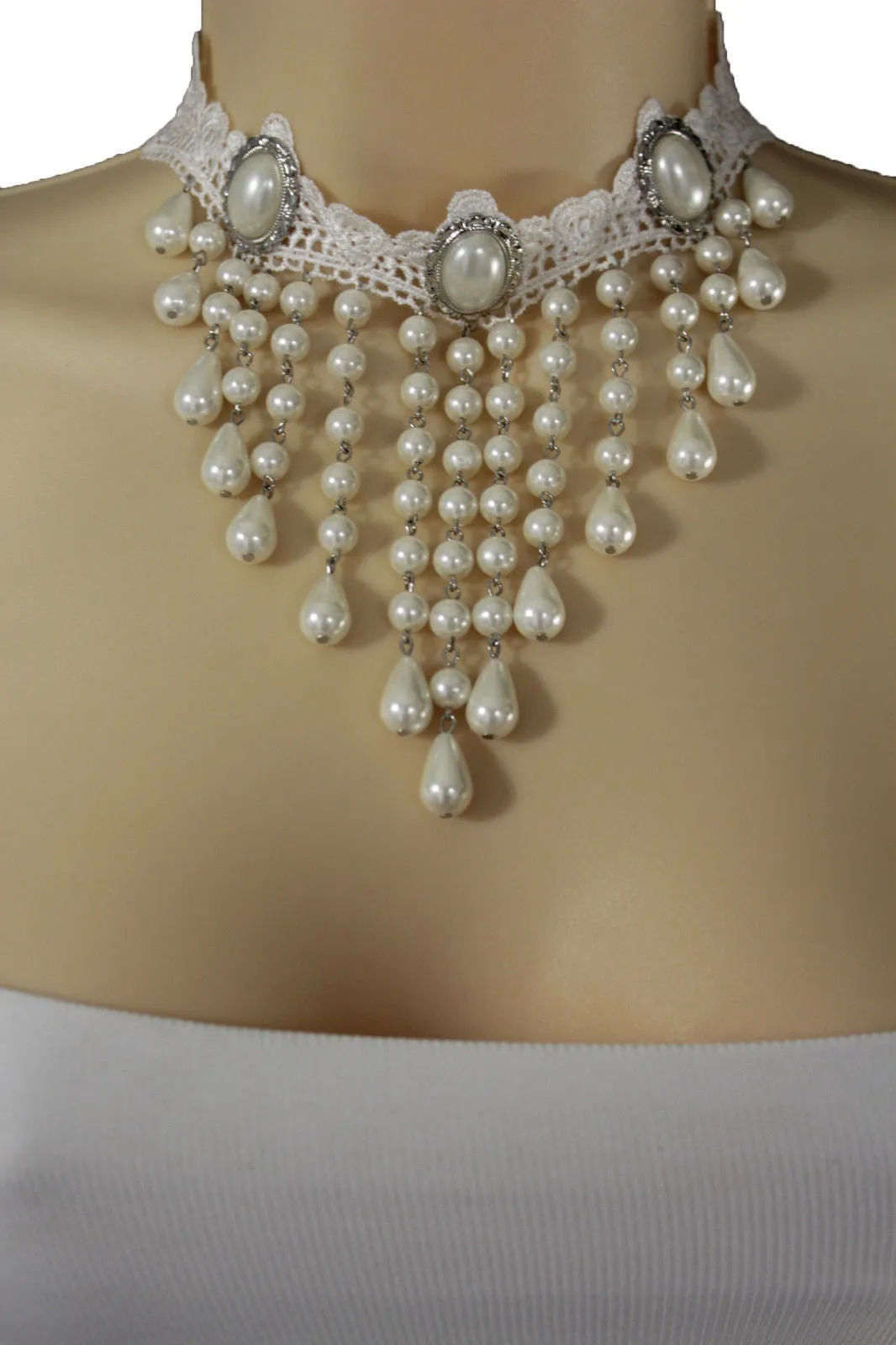White Lace Fabric Goth Choker Necklace Cream Imitation Pearl Beads