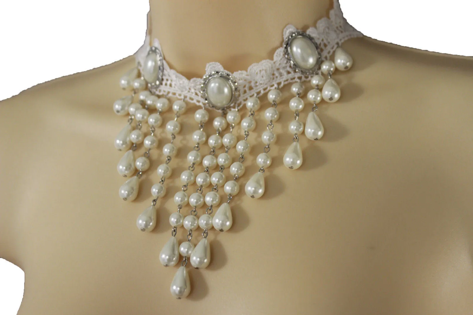 White Lace Fabric Goth Choker Necklace Cream Imitation Pearl Beads