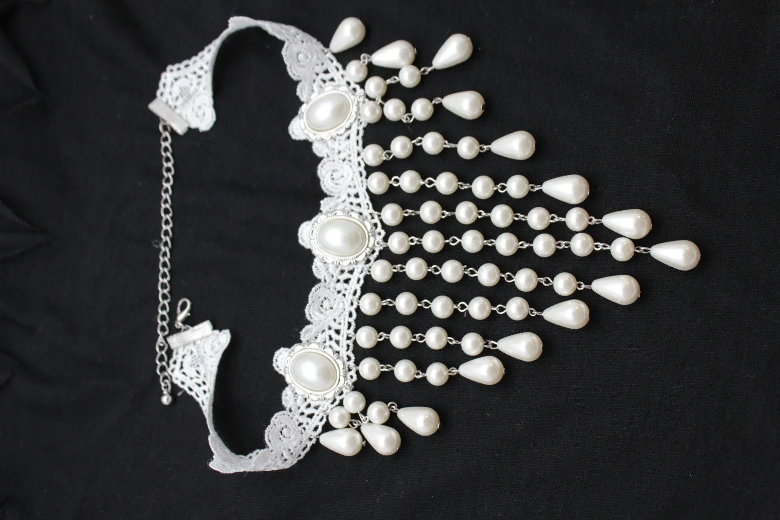 White Lace Fabric Goth Choker Necklace Cream Imitation Pearl Beads