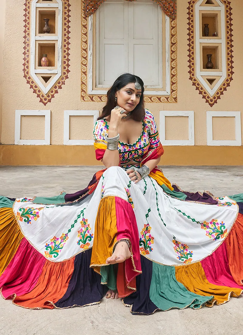 White Multi Kutchi Embroidered Navratri Chaniya Choli