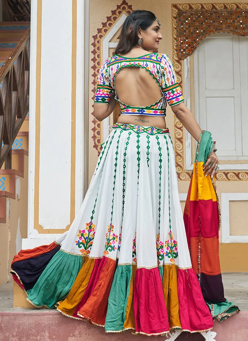 White Multi Kutchi Embroidered Navratri Chaniya Choli