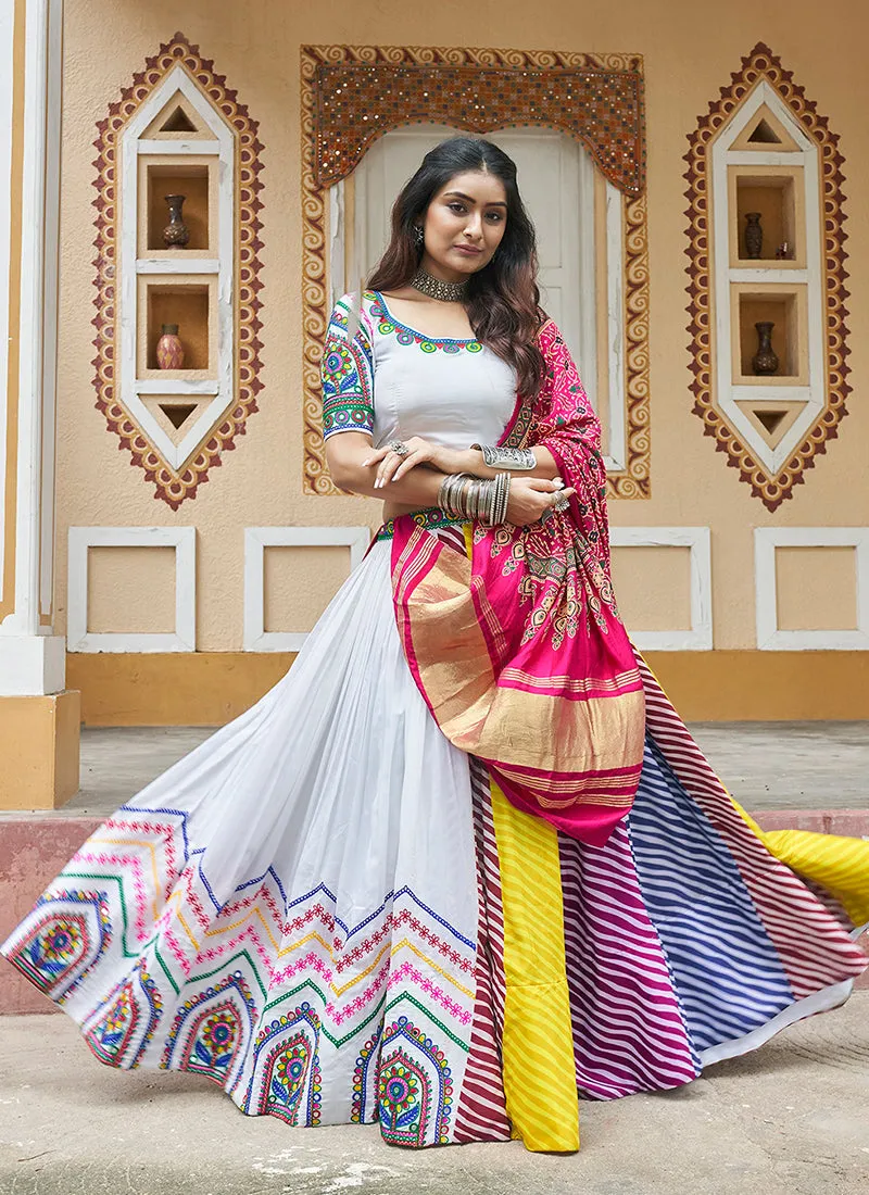 White Multicoloured Kutchi Embroidered Navratri Chaniya Choli