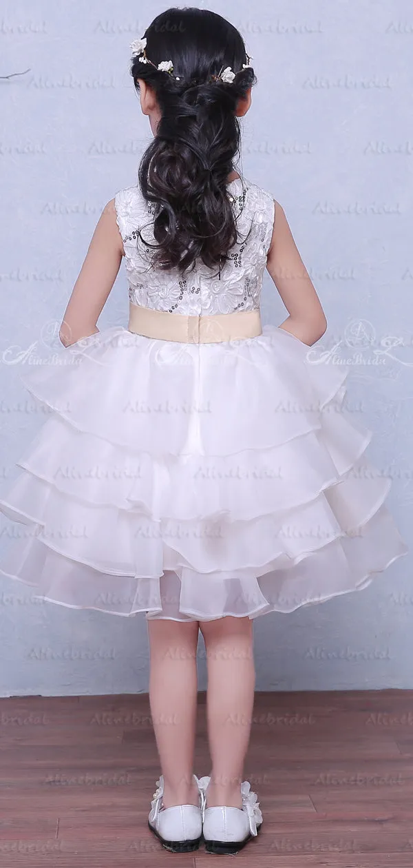 White Organza Tiered Lace With Sequin With Belt Flower Girl Dresses, FGS122