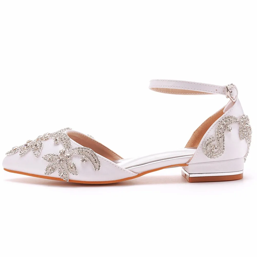 White Satin Rhinestone Flowers Pointed Toe Chunky Heels
