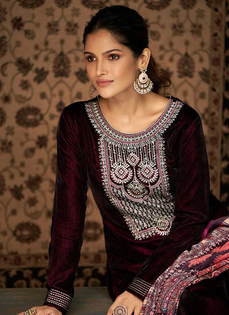Wine And Pink Velvet Pakistani Suit