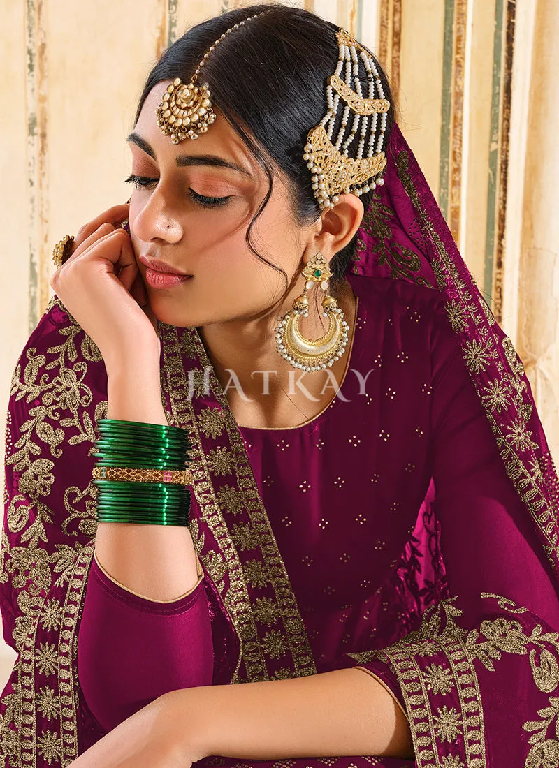 Wine Embroidered Traditional Indian Palazzo Suit