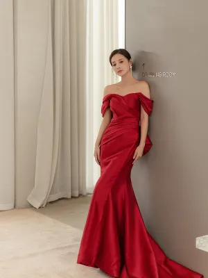 Wine Red Satin Mermaid Long Party Dress with Bow, Wine Red Off Shoulder Prom Dress