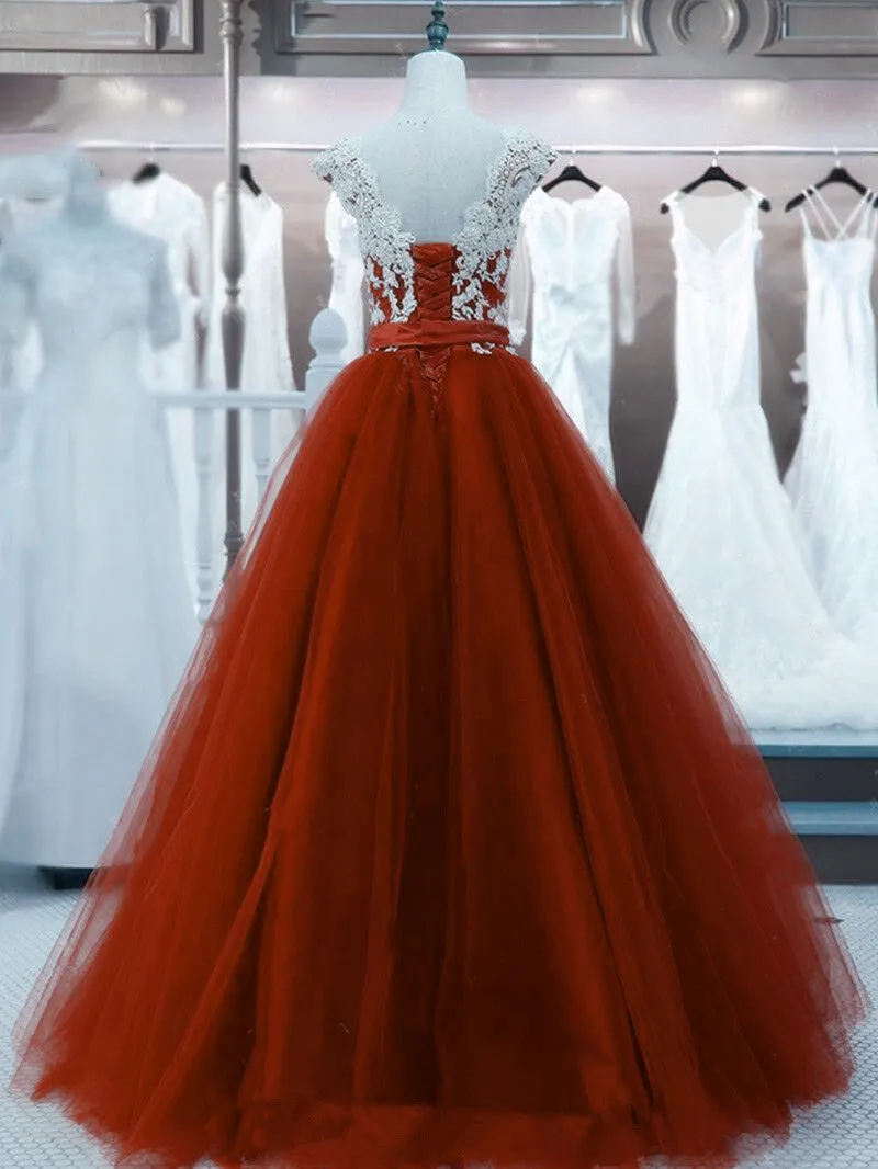 Wine Red Tulle with White Lace Long Evening Dress Party Dress, Dark Red Wedding Party Dresses