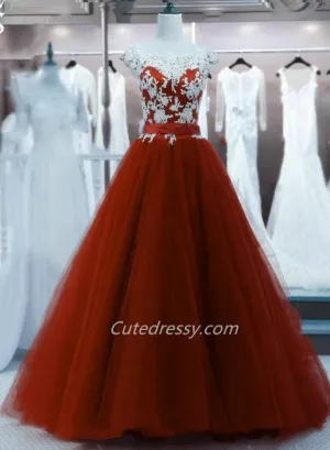 Wine Red Tulle with White Lace Long Evening Dress Party Dress, Dark Red Wedding Party Dresses