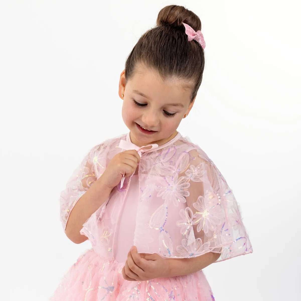 Wisteria: Flower Sequin Tulle Cape in Pink