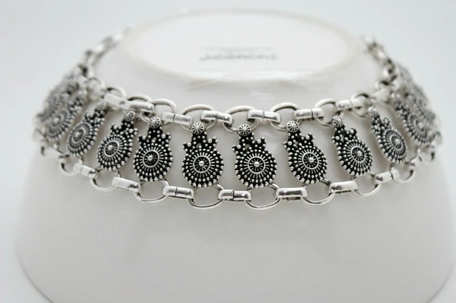 Women Choker Necklace Silver Metal Mayan Style Pendant Charm   Earring Set