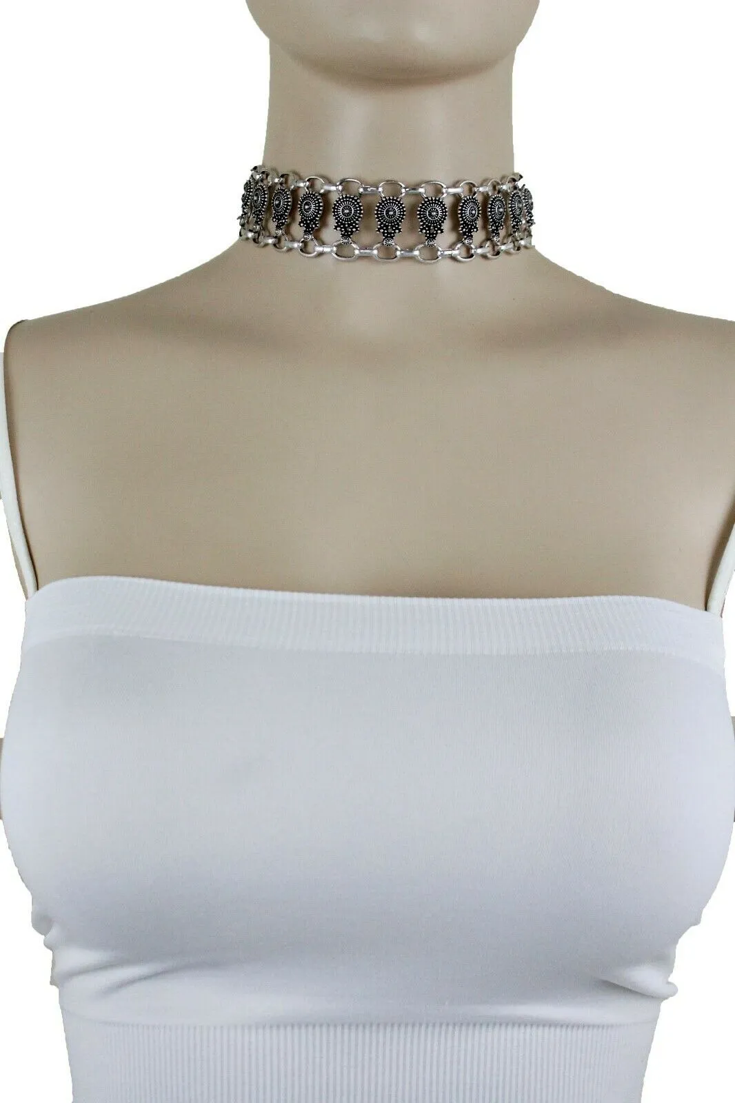 Women Choker Necklace Silver Metal Mayan Style Pendant Charm   Earring Set