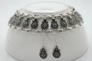 Women Choker Necklace Silver Metal Mayan Style Pendant Charm   Earring Set